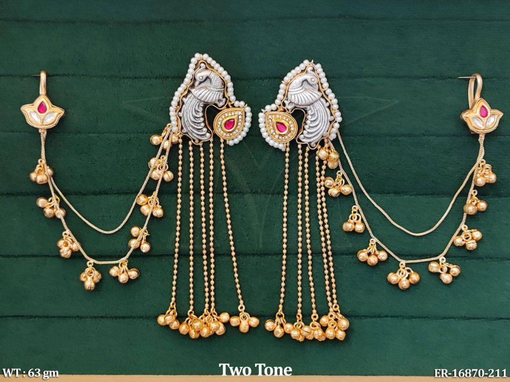 Two-tone temple design chain earrings for women with gold and silver finish
