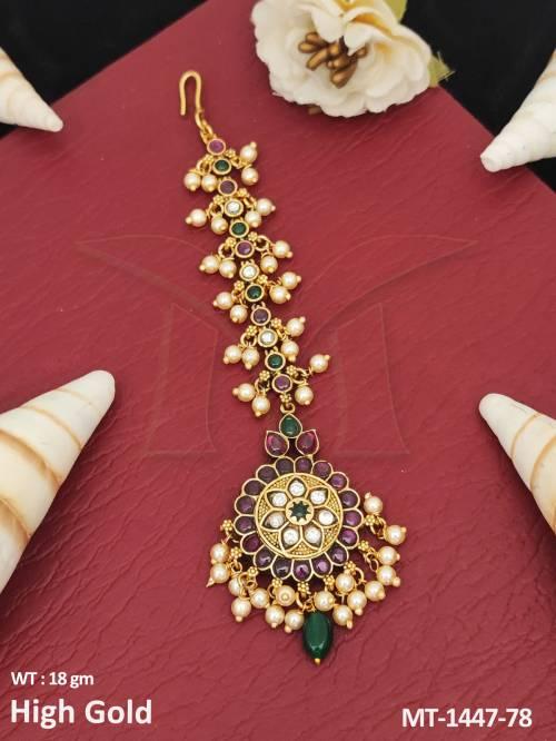 antique-designer-wear-high-gold-polish-clusterpearls-antique-maang-tikka-